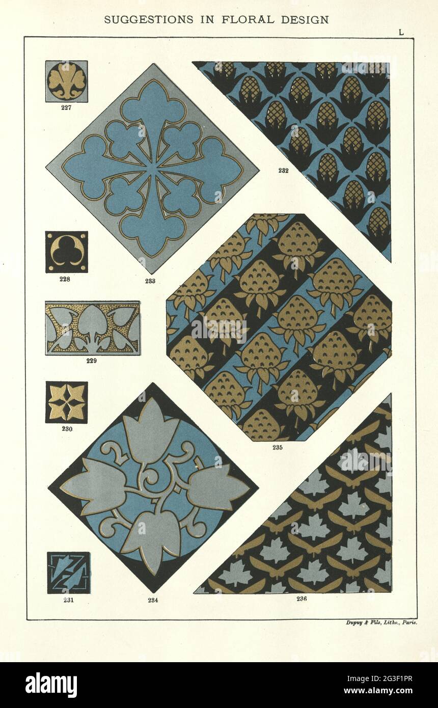 Suggerimenti in Floral Design, elementi di design vittoriano e motivi 19 ° secolo, Tulip, Strawberrry, oro blu Foto Stock