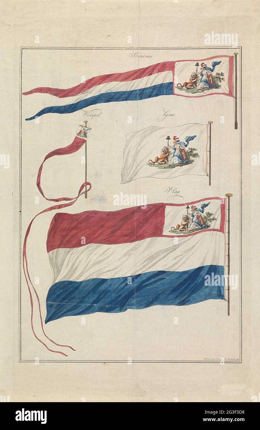 Bandiere della Marina della Repubblica di Batavia, 1796. Quattro varianti della nuova bandiera della Marina della Repubblica di Batavia, introdotta il 1° marzo 1796. Le diverse forme sono: Standard, pennant, geus e bandiera. La bandiera della marina si distingue aggiungendo un emblema allegorico in cui la vergine olandese e il leone olandese tengono insieme una lancia con il cappello di libertà. Foto Stock