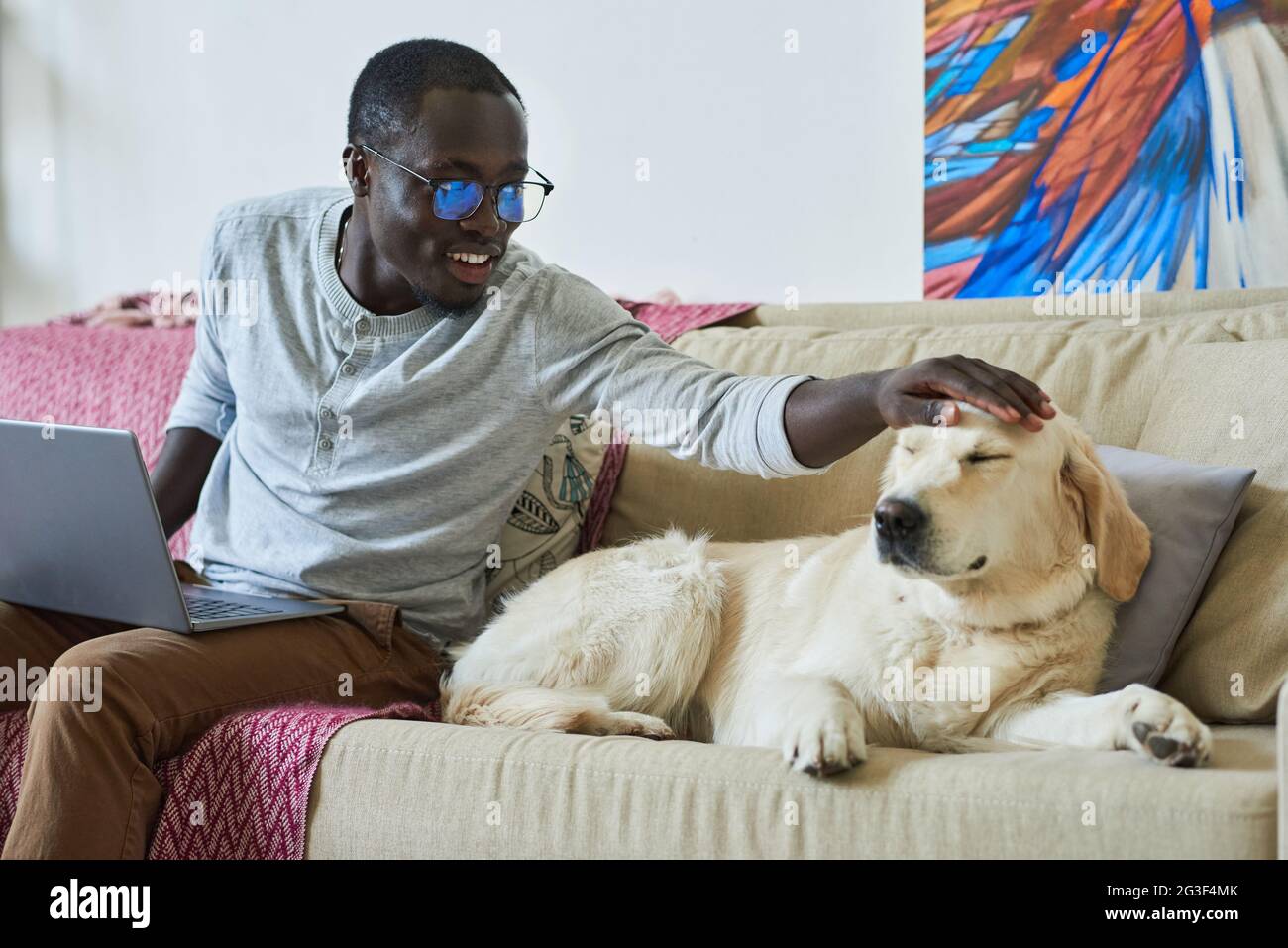 Giovane uomo sorridente che si prende cura del suo cane mentre si siede sul divano e lavora sul computer portatile Foto Stock