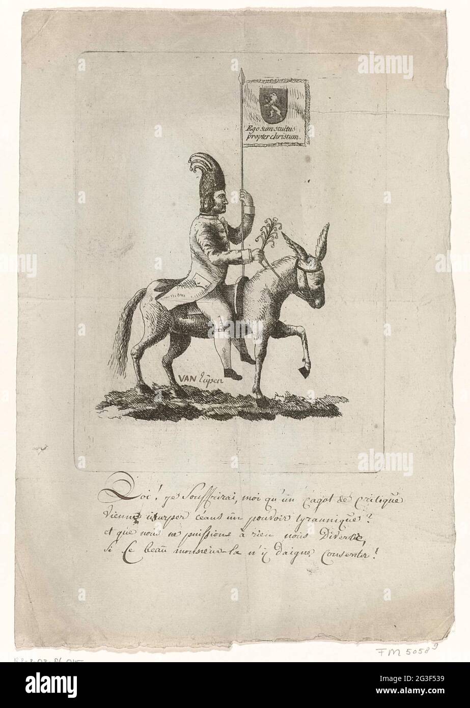 Con banner su un asino; Brabant Review, 1787-1790. Un uomo con cappello e  bandiera di jester guida un asino. In pen, il nome di P.J.s è qui. Da  Eupen, uno dei leader