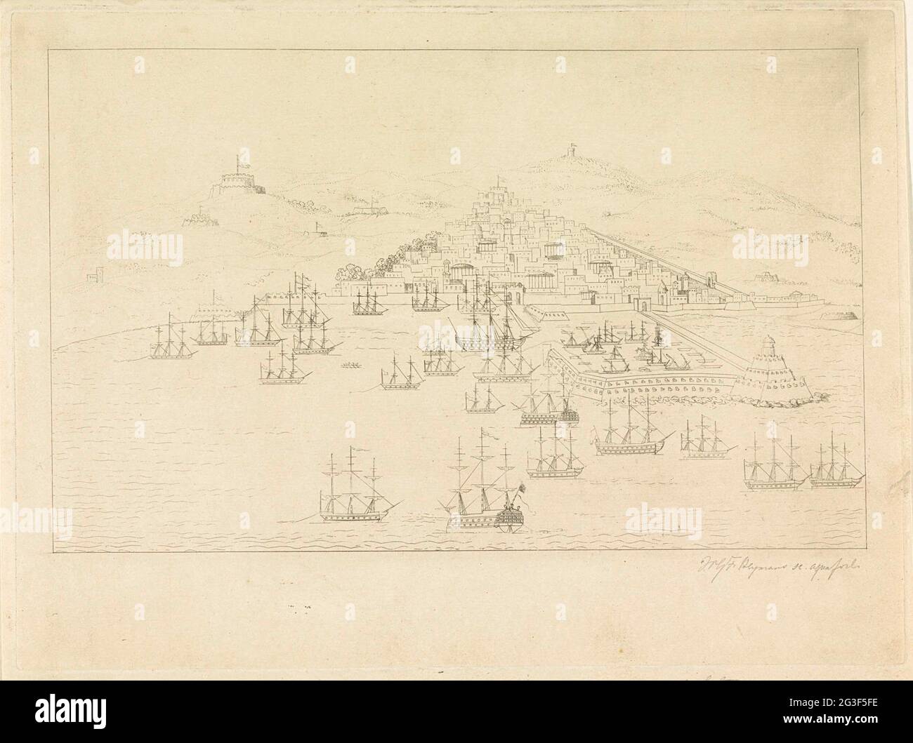 Ubicazione delle navi britanniche e olandesi durante i bombardamenti di Algeri, 1816. Ubicazione delle navi britanniche e olandesi durante il bombardamento di Algeri nella notte dal 26-27 agosto 1816 da parte della flotta combinata inglese-olandese, sotto il comando del Signore Exmouth e Jonkheer van Capellen. Prima della didascalia con i nomi delle navi. Foto Stock