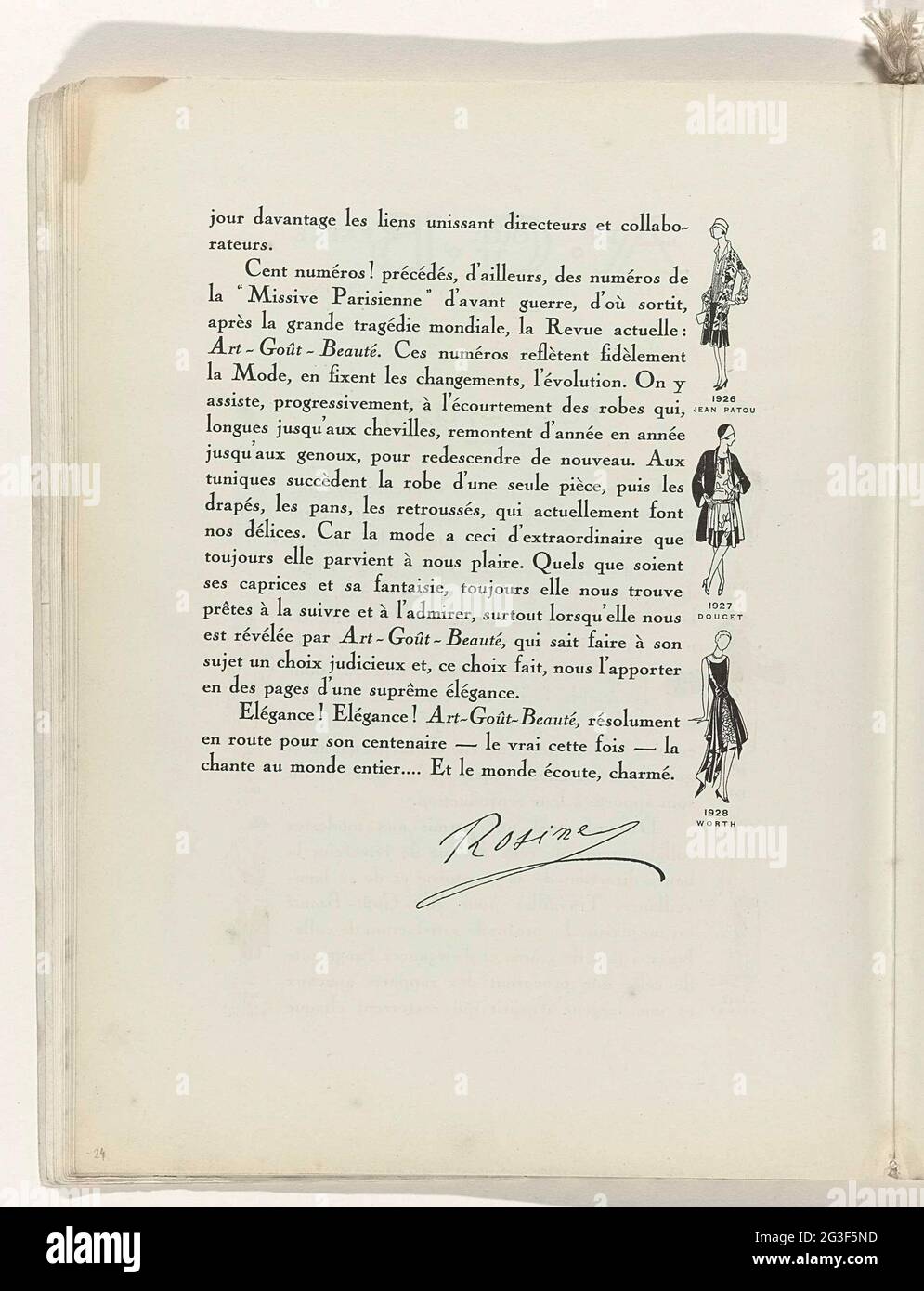 Art - Goût - Beauté, Feuillets de l'élégance Féminine, Noël 1928, no 100, 9° Année, pag. 24. Testo 'la Centiele Etape 1920-1928' con immagini di tre donne vestite secondo moda dal 1926 al 1928. Indossano abiti di Jean Patou (1926), Douce (1927) e Worth (1928). Pagina del Modelijdschrift Art-Goût-Beauté (1920-1933). Foto Stock