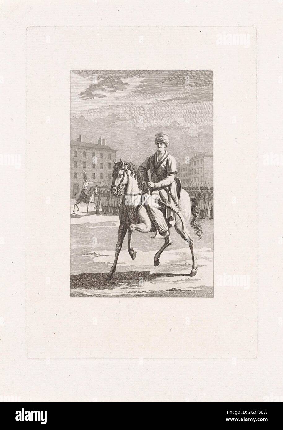 Mammeluk a cavallo. Cavaliere turco, dietro di lui soldati. Nel 1798 Napoleone entrò in Egitto e sconfisse il mammellukken. Napoleone fu impressionato dalla cavalleria mammelukiana e formò il proprio corpo di mammelukken per l'esercito imperiale francese. Foto Stock