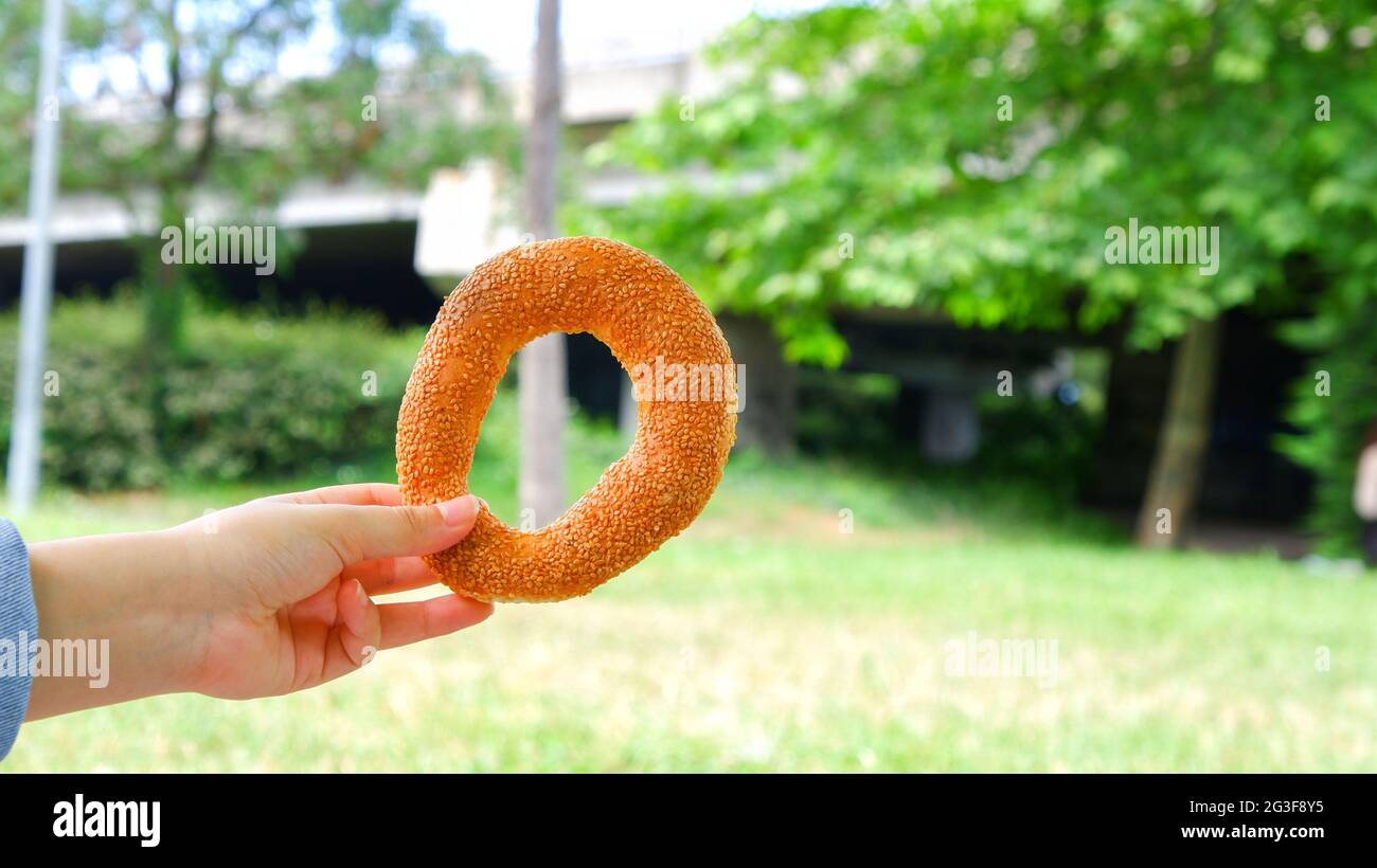 Cibo culturale turco, bagel turco. Bagel turco su sfondo verde. Foto Stock