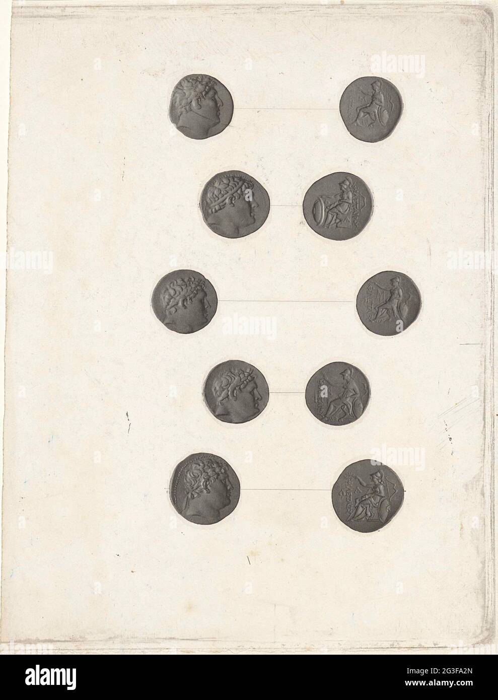 Monete romane. La parte anteriore e posteriore di cinque monete romane. Foto Stock