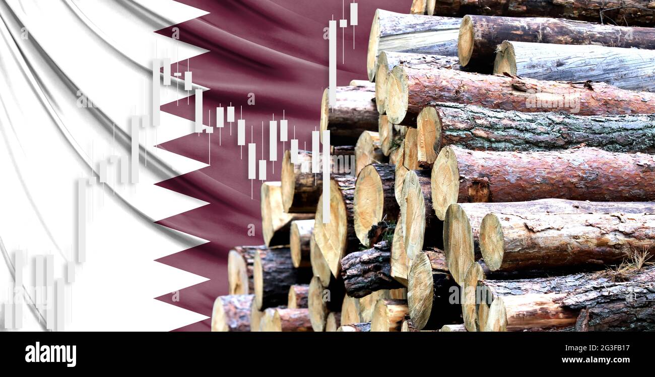 Legno sullo sfondo della bandiera del Qatar, il concetto di aumento dei prezzi per il legno Foto Stock