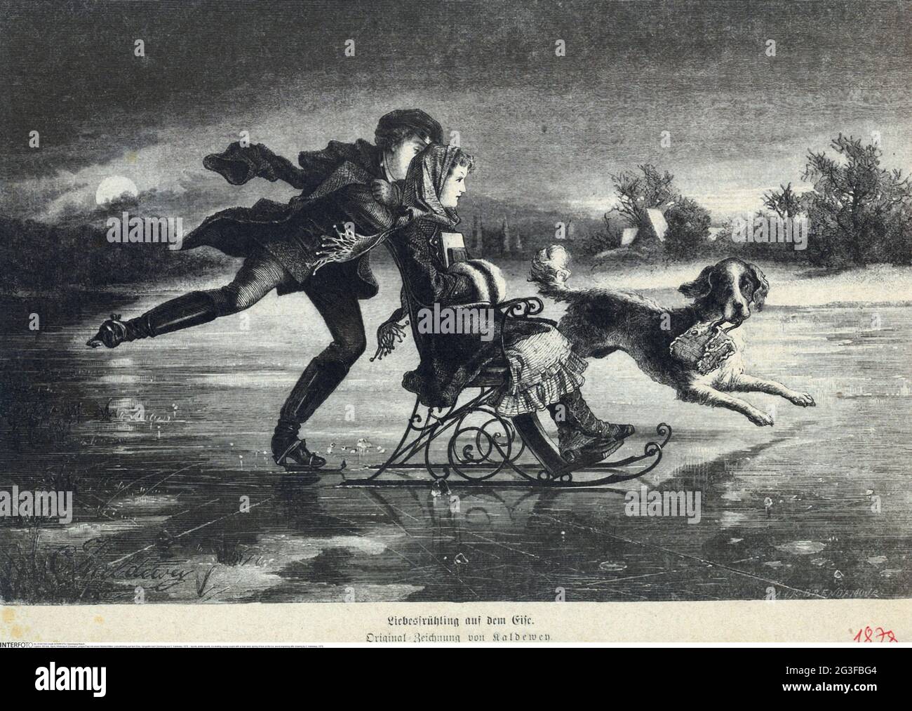 Sport, sport invernali, pattinaggio su ghiaccio, giovane coppia con una slitta, primavera d'amore sul ghiaccio, IL COPYRIGHT DELL'ARTISTA NON DEVE ESSERE ELIMINATO Foto Stock