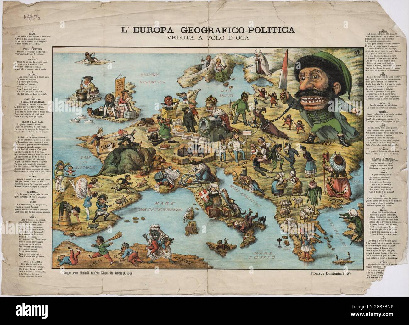 Europa geografia-politica mappa satirica circa 1871. Mappa geografica e politica. Mappa satirica. Foto Stock