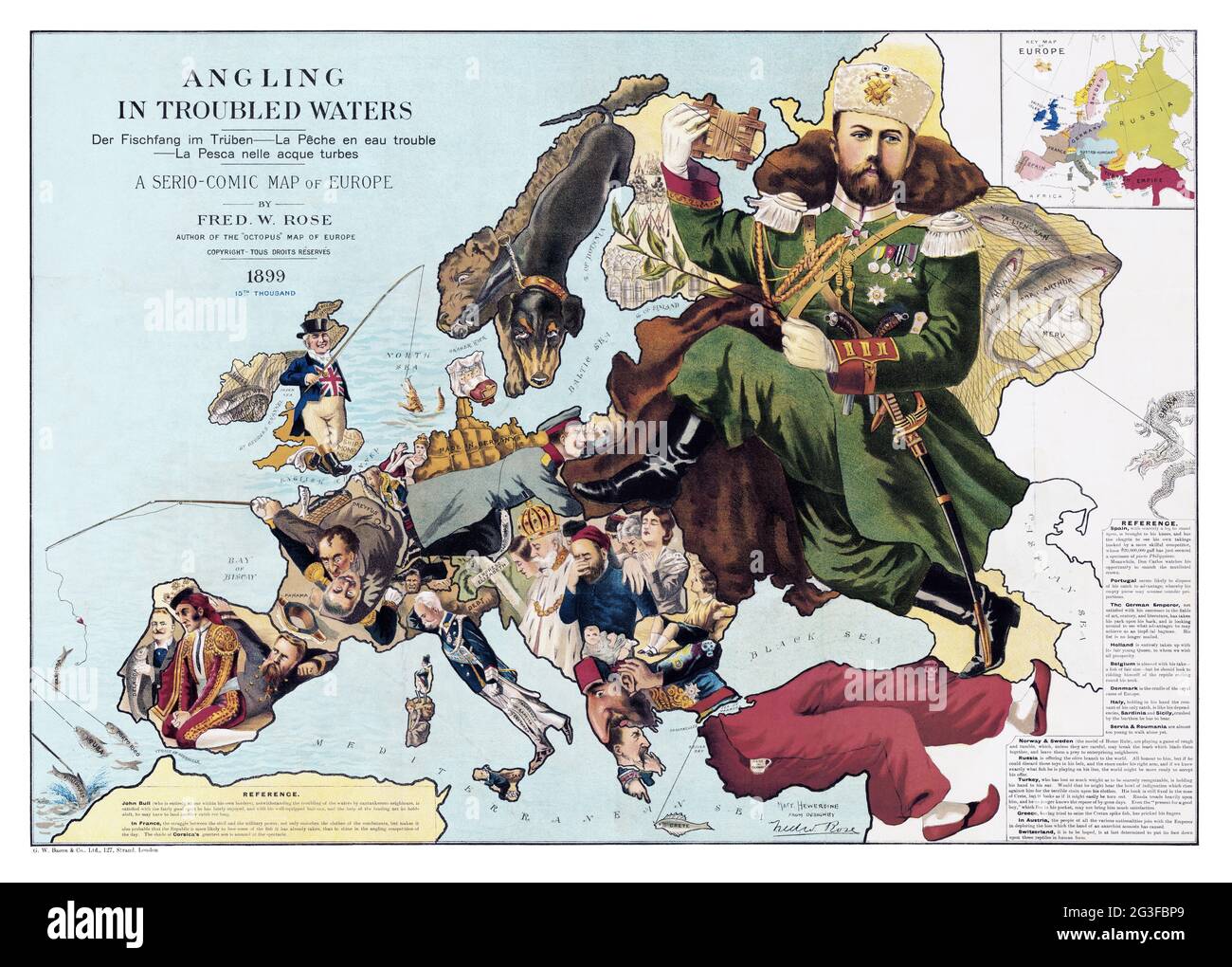 1889 Mappa satirica dell'Europa - Angling in acque tormentate - di Fred W. Rose Foto Stock