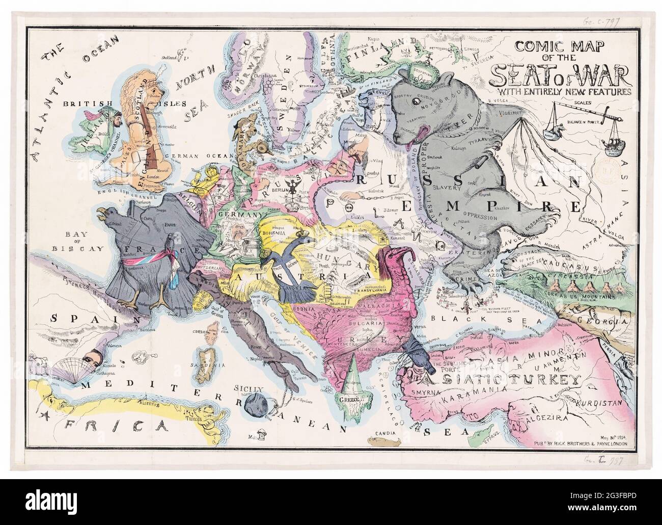 Mappa fumettistica della sede della guerra con caratteristiche completamente nuove 1854 – mappa d'Europa Foto Stock