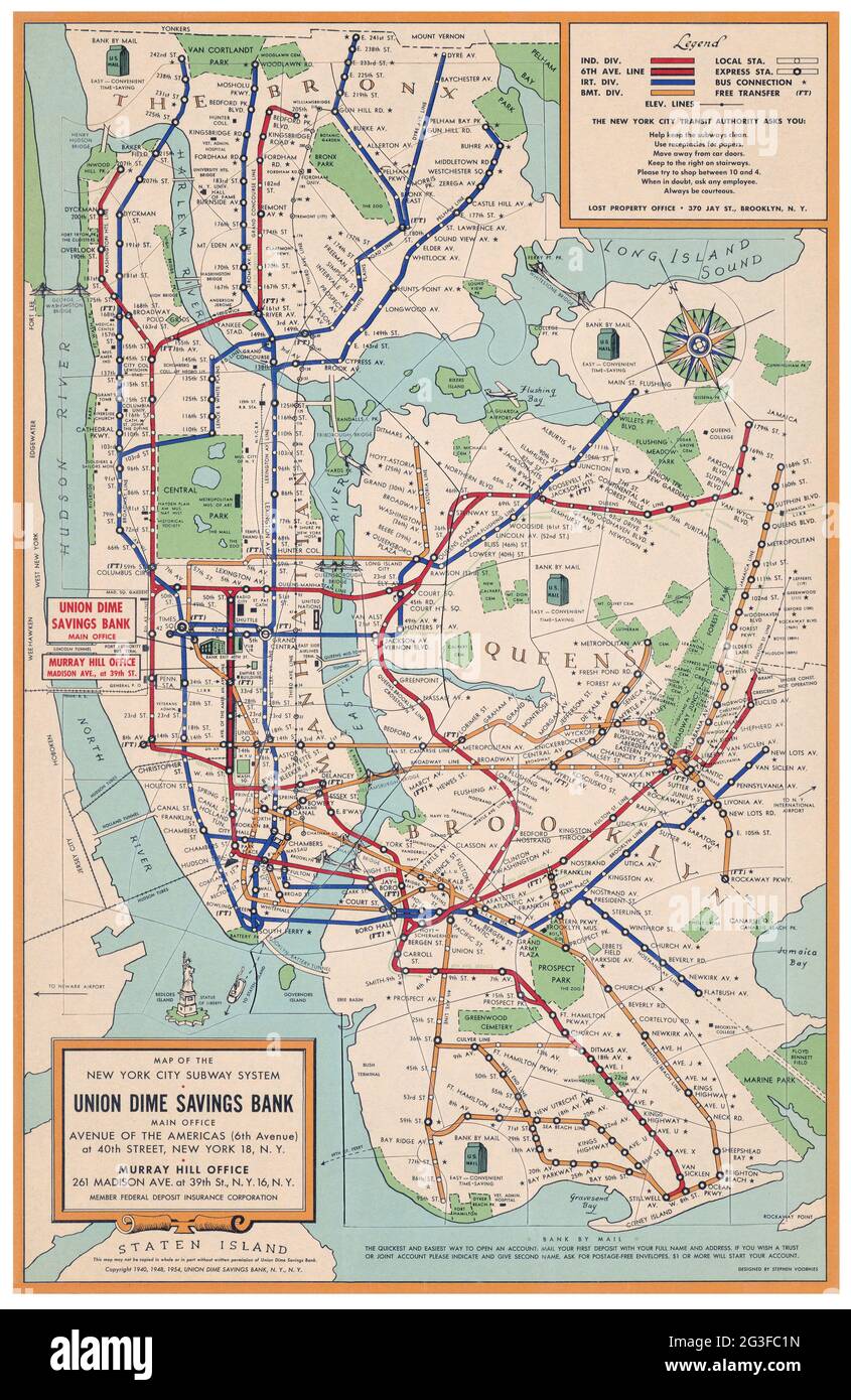 Mappa del sistema metropolitano di New York, Union dime Savings Bank 1954 Foto Stock