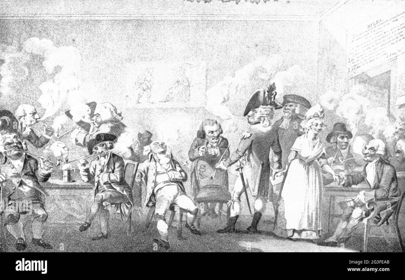 Tabacco, caricatura di un club di fumatore, dopo il disegno di Thomas Rowlandson, Londra, 1792, IL COPYRIGHT DELL'ARTISTA NON DEVE ESSERE ELIMINATO Foto Stock