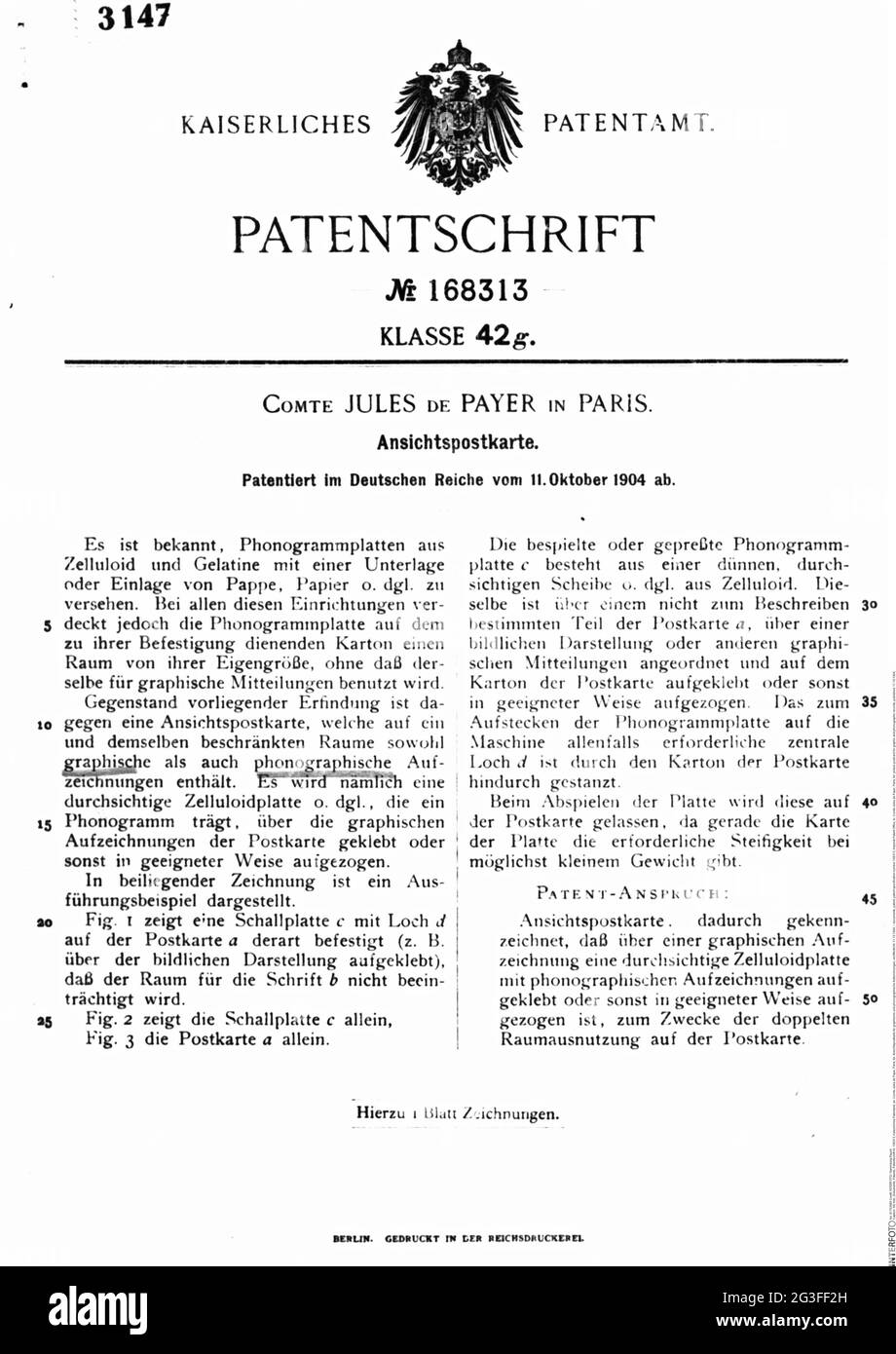 Documenti, brevetto, numero di brevetto 168313, Ufficio brevetti Imperial, a: Comte Jules de Payer, IL DIRITTO D'AUTORE DELL'ARTISTA NON DEVE ESSERE CANCELLATO Foto Stock