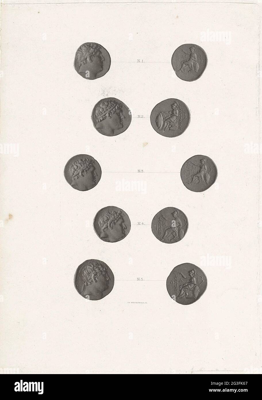 Monete romane. La parte anteriore e posteriore di cinque monete romane. Foto Stock