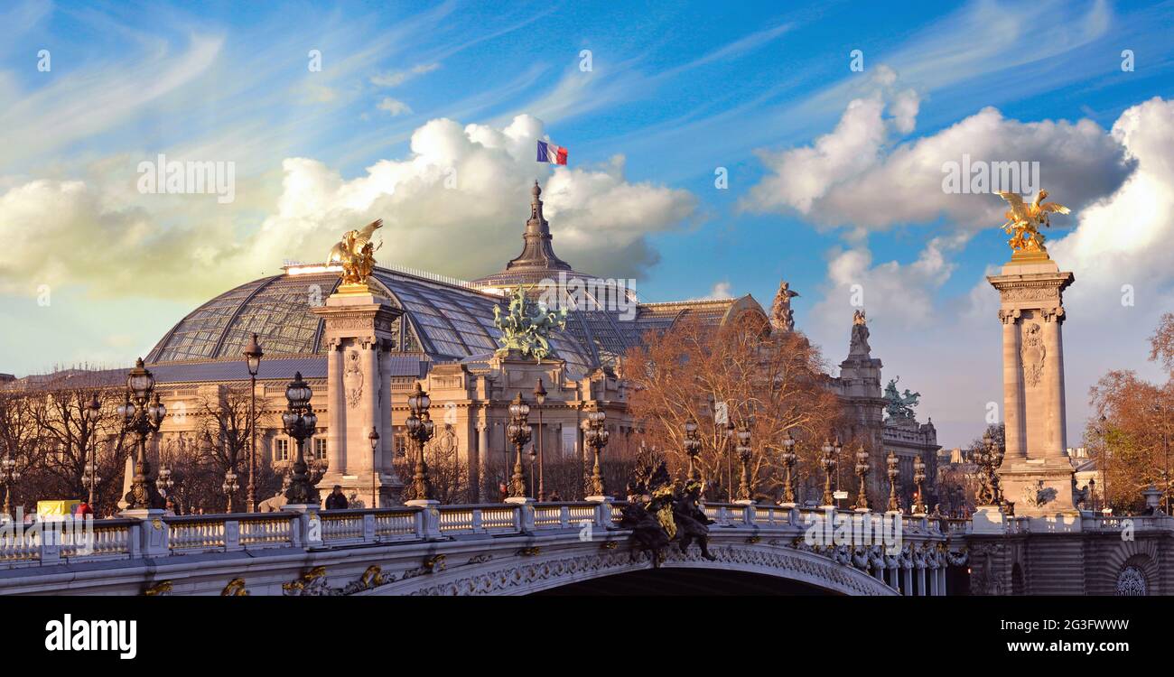 Belle forme del cielo sul Grand Palais des Champs-ElysÃ©es - Grande Palazzo di Parigi Foto Stock