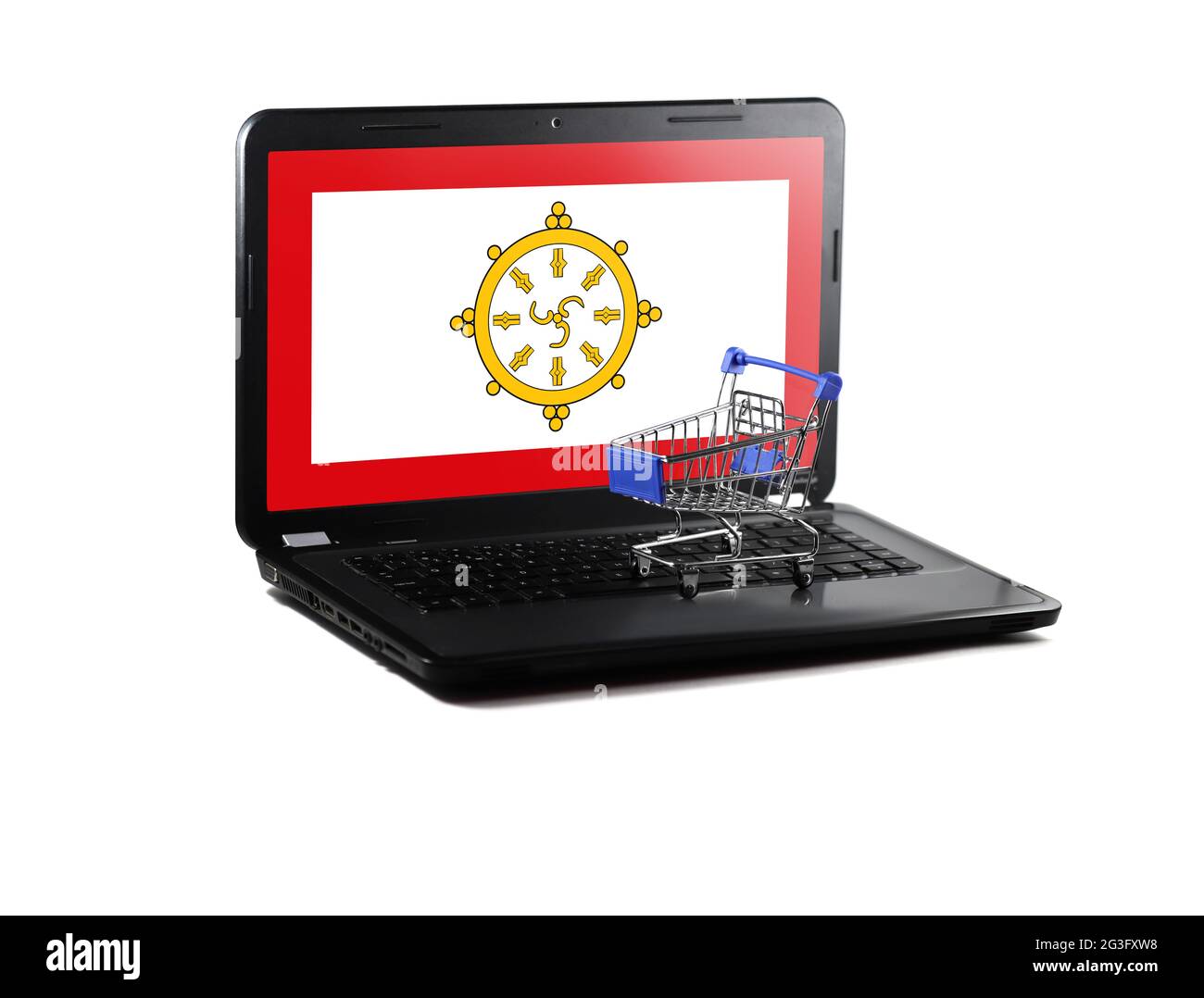 Isolato su laptop sfondo bianco con bandiera Sikkim in esposizione, concetto di vendita shopping online Foto Stock
