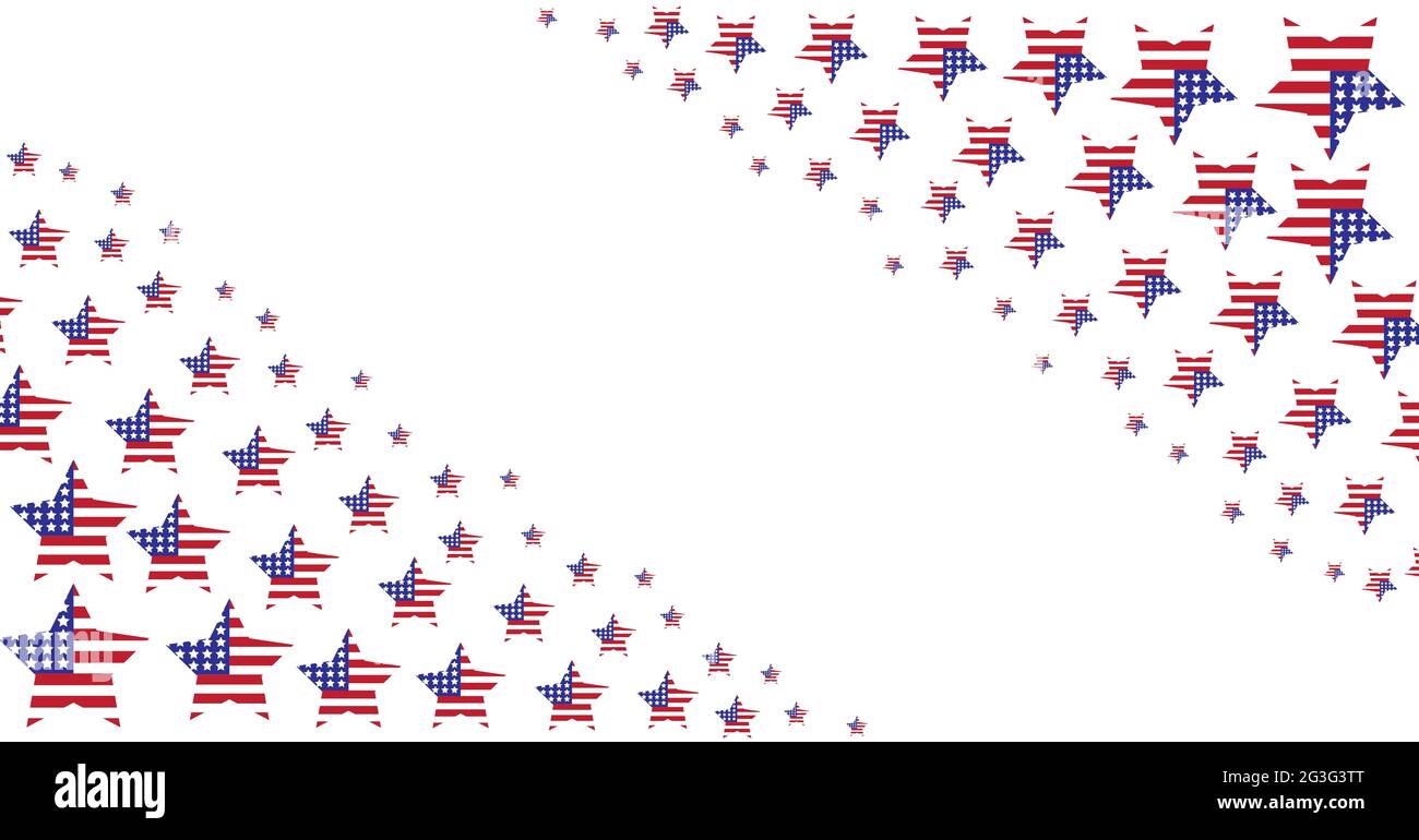 Composizione di righe di stelle di bandiera americane su sfondo bianco con spazio centrale Foto Stock