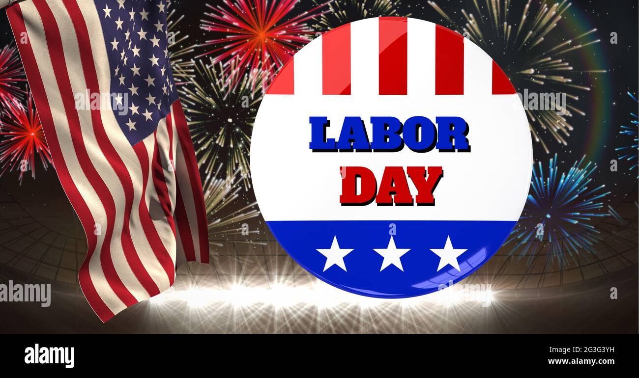 Composizione del badge Labor Day Button e della bandiera americana sui fuochi d'artificio nel cielo notturno Foto Stock