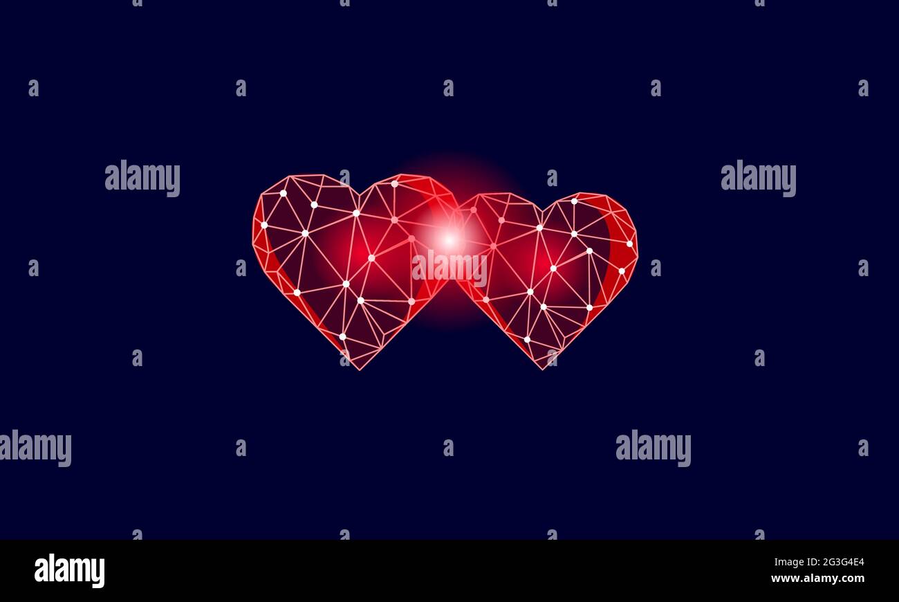 Cuori rossi in poli 3D bassi. Romantico amore data relazione coppia silhouette concept design. Supporto aiuto donazione emotivo illustrazione vettoriale Illustrazione Vettoriale