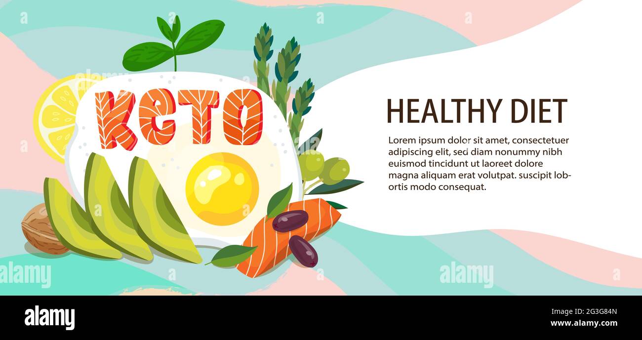 Modello di banner di Keto Dieta. Alimenti grassi sani chetogenici con posto per il testo. Uova fritte, avocado, salmone, oliva, limone, asparagi. Per la piallatura del keto, il nastro Illustrazione Vettoriale