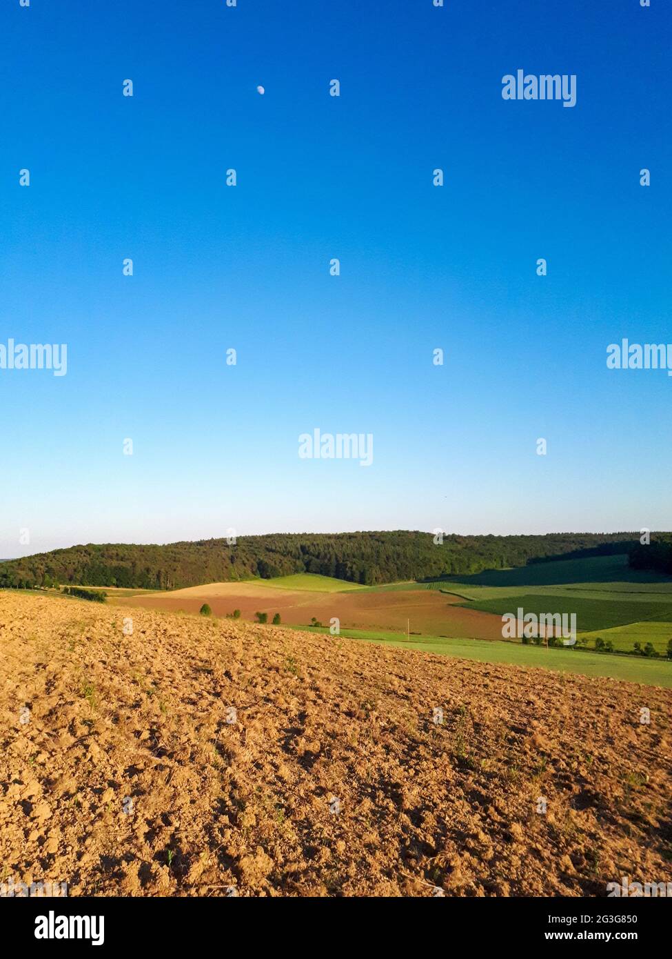 Immagine verticale di un campo arato e cielo blu con spazio di copia nella valle taubertal in Germania Foto Stock