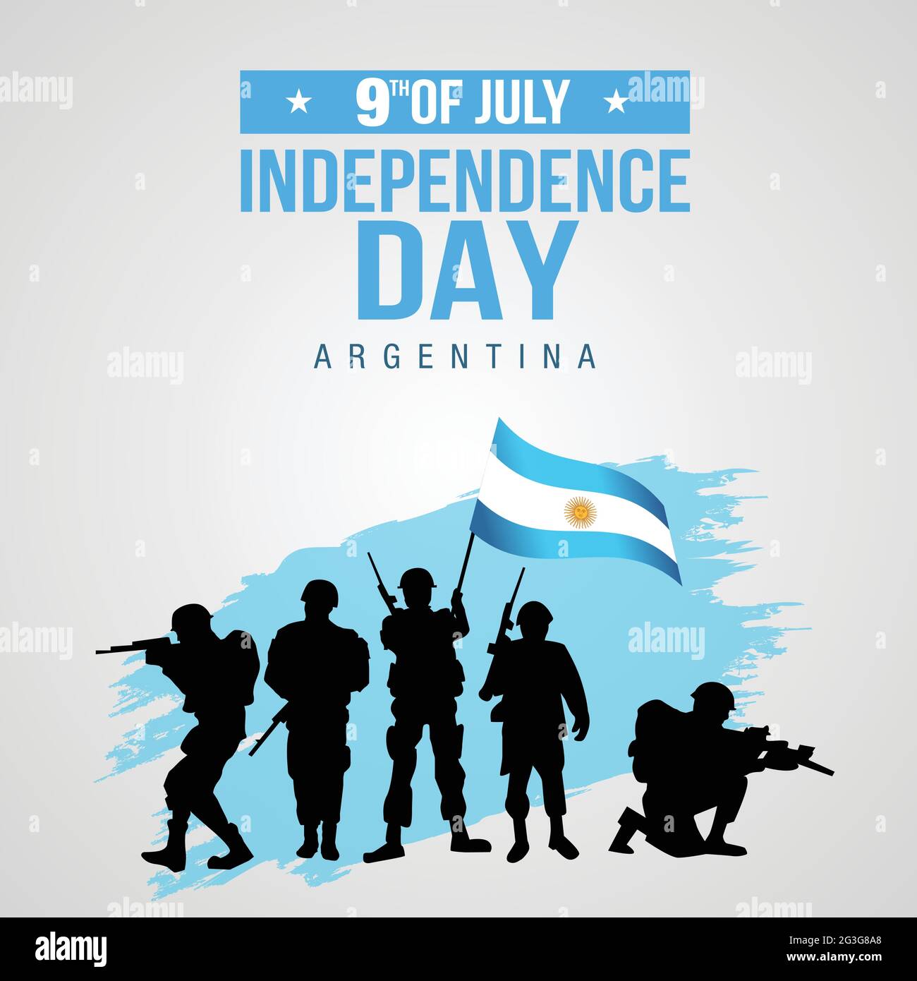 Felice giorno di indipendenza Argentina 9 luglio modello vettoriale disegno Illustrazione. Silhouette soldati alzando con bandiera Illustrazione Vettoriale