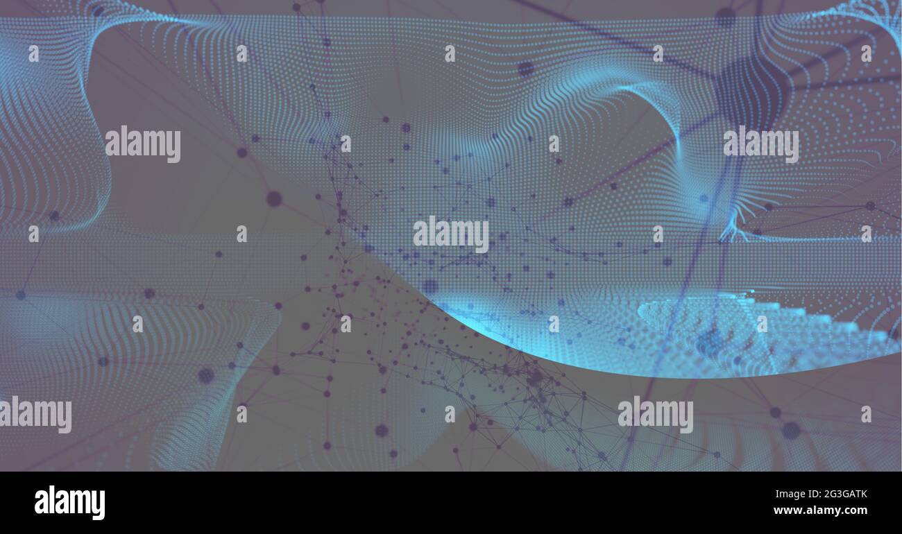 Immagine generata digitalmente di onde digitali blu contro una rete di strutture molecolari Foto Stock