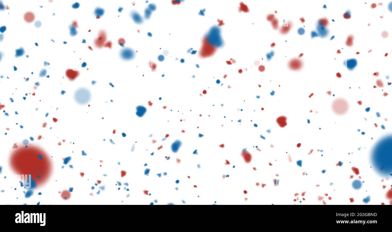 Immagine generata digitalmente di macchie blu e rosse su sfondo bianco Foto Stock