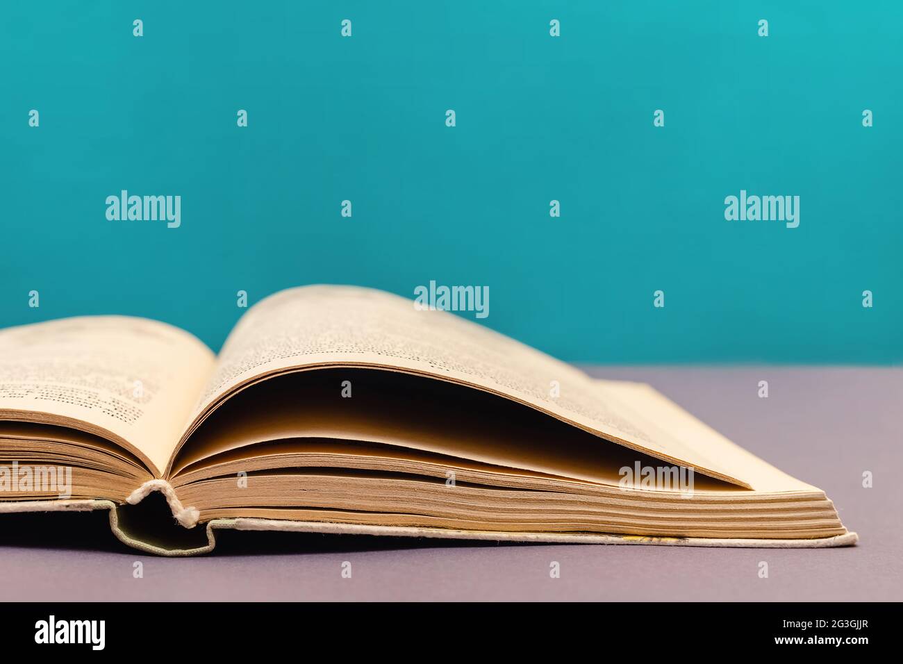 Apri libro con pagine sfocate da vicino. Foto Stock