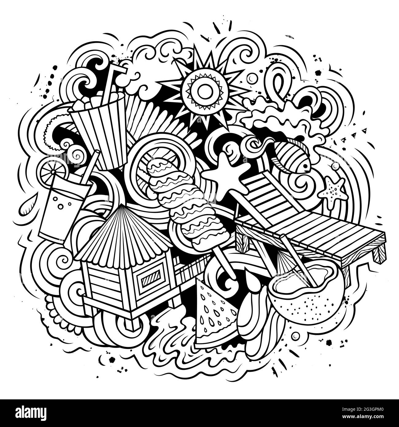 Estate spiaggia vettore doodles illustrazione. Elementi del periodo estivo e oggetti sfondo cartoon. Un'immagine divertente e di schizzo. Tutti gli elementi sono separati Illustrazione Vettoriale