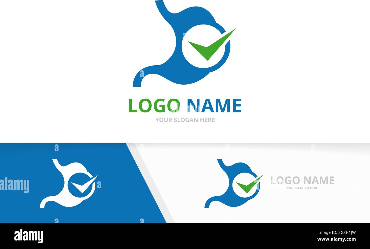 Combinazione di stomaco vettoriale e logo con segno di spunta. Esclusivo modello di disegno del logotipo del tratto gastrointestinale e del tick. Illustrazione Vettoriale