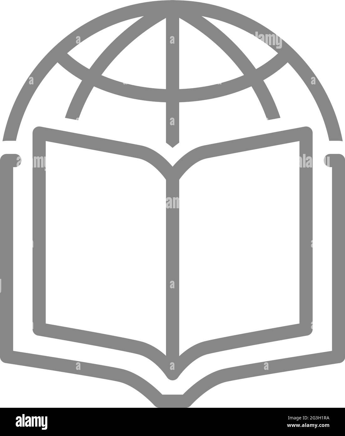 Apri il libro con l'icona della linea pianeta. Libreria globale, simbolo libreria online Illustrazione Vettoriale