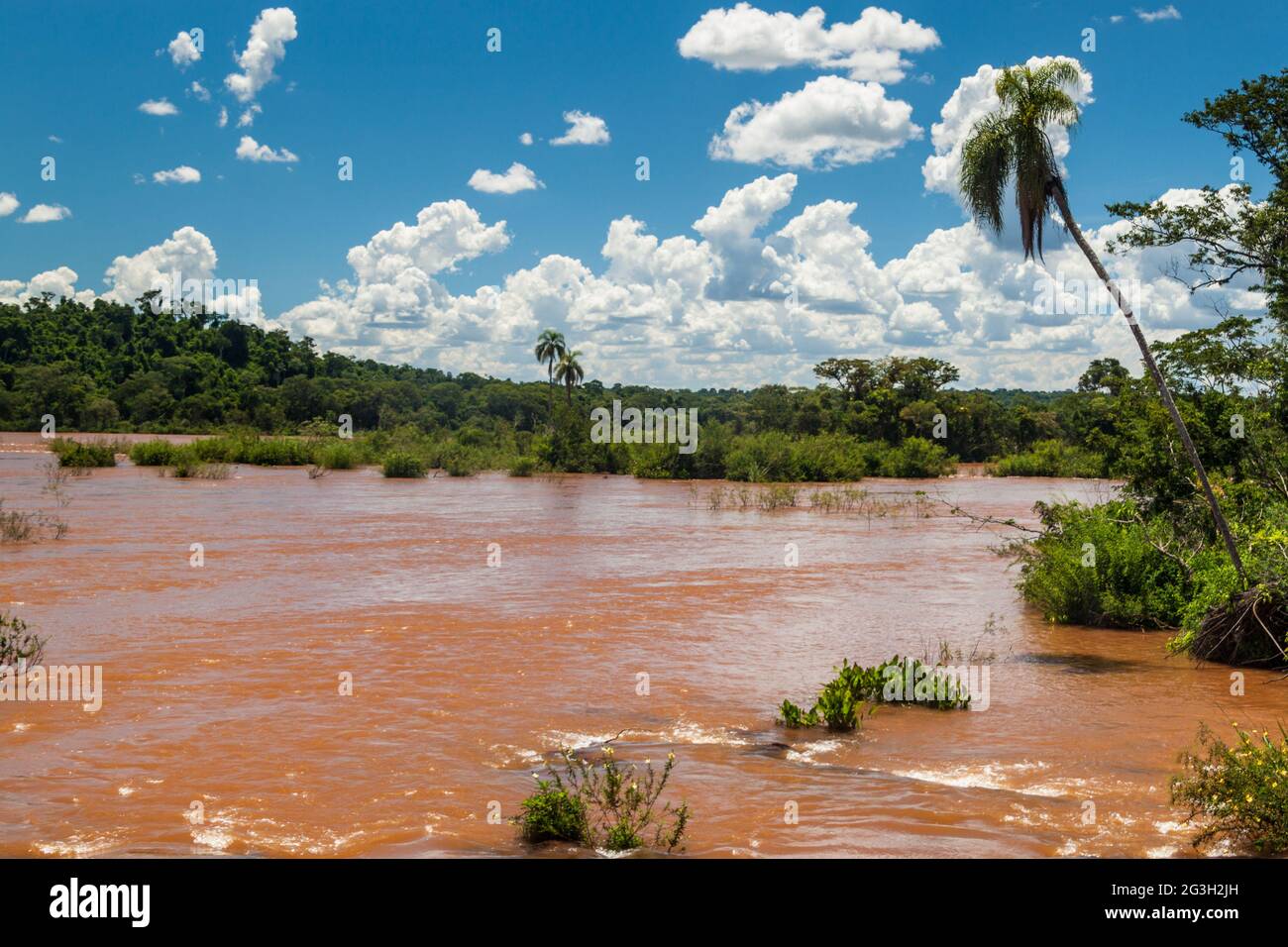 Fiume sopra Iguacu (Iguazu) cade su un confine tra Brasile e Argentina Foto Stock