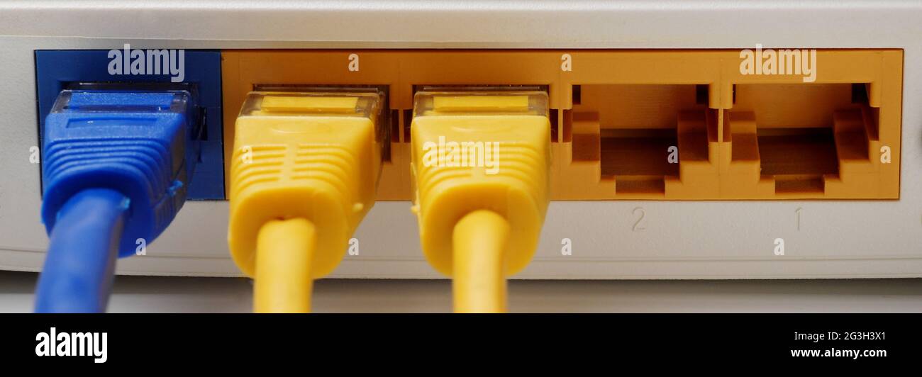 Primo piano su tre cavi di rete collegati alle porte WAN e LAN del router, adatti per header o banner Foto Stock