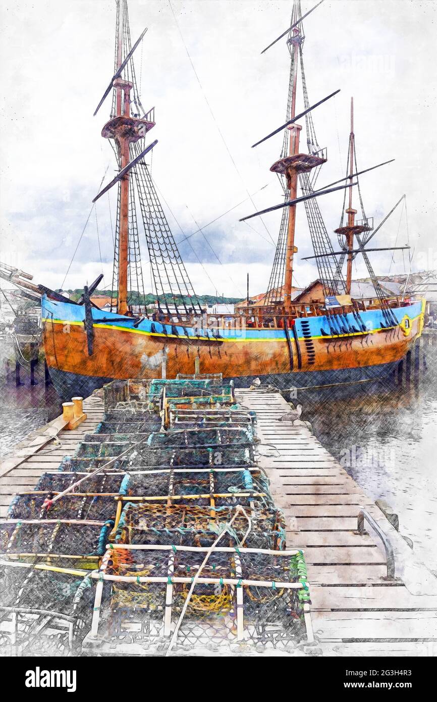 Molo di legno con pile di aragoste e HM Bark Endeavour sullo sfondo, Whitby, North Yorkshire, Inghilterra, UK - Digital Watercolor. Foto Stock