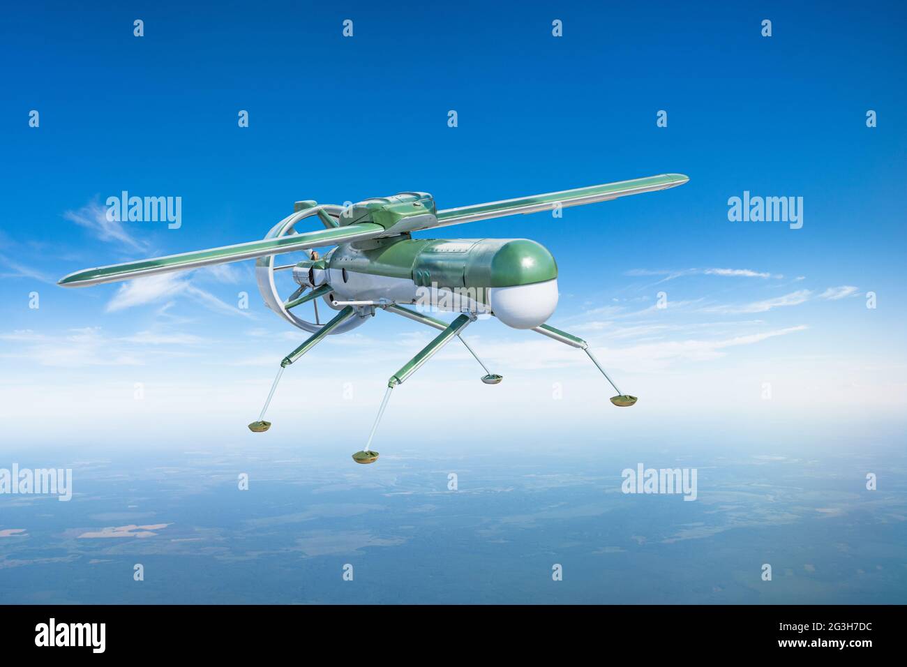 Velivolo drone militare senza equipaggio con zampe di atterraggio sul territorio aereo di pattuglia in altitudine Foto Stock