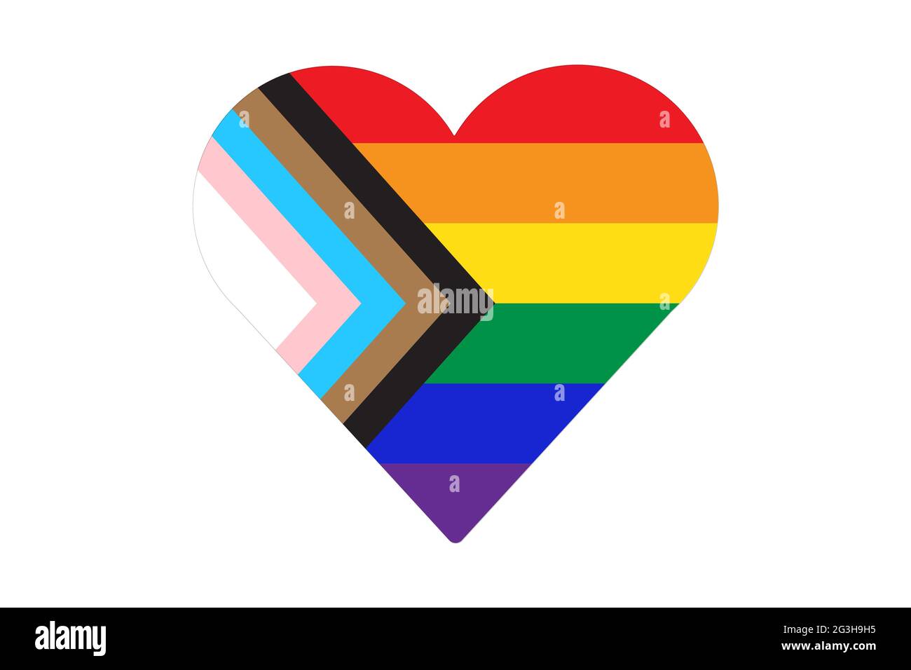 Icona a forma di cuore della nuova bandiera dell'orgoglio LGBTQ . Riprogettazione con strisce nere, marroni e trans Pride. Illustrazione vettoriale piatta Illustrazione Vettoriale