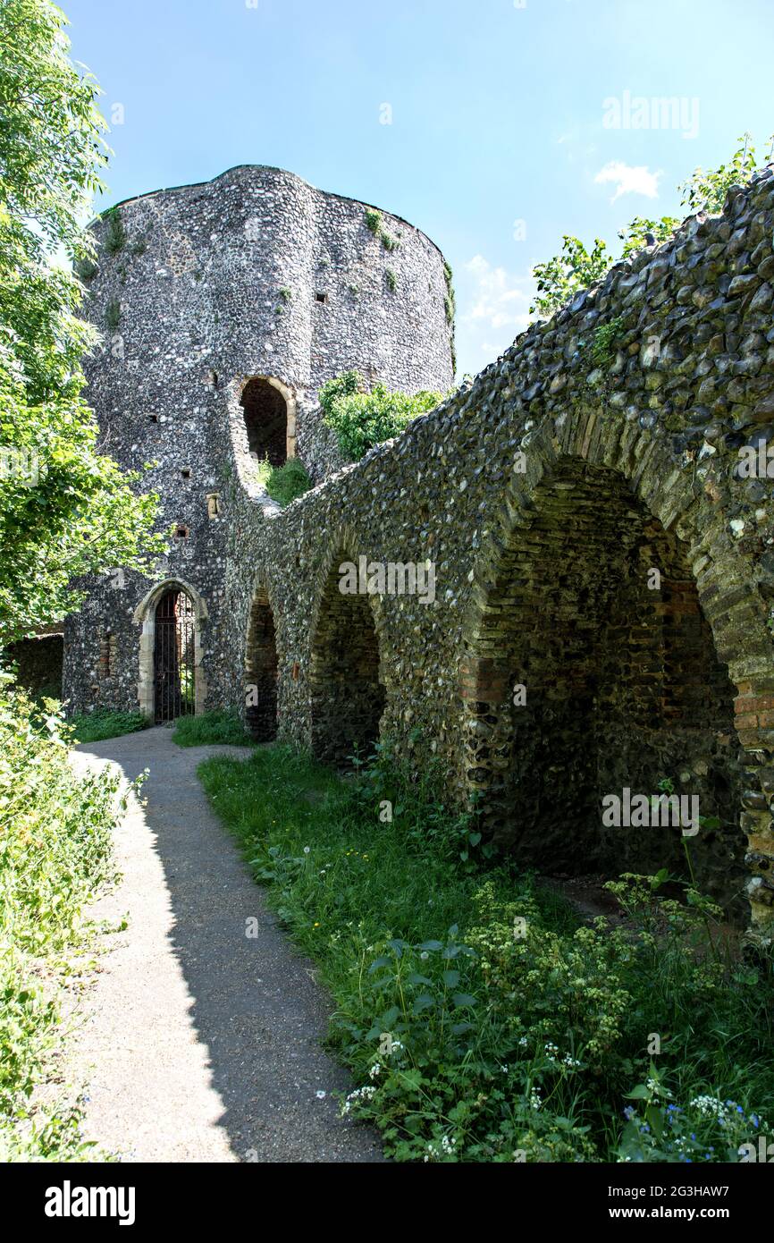 Norwich Black Tower, parte dell'antica cinta muraria della città, dove i malati di placca gorgogliosa sono stati imprigionati nel 14c . Foto Stock