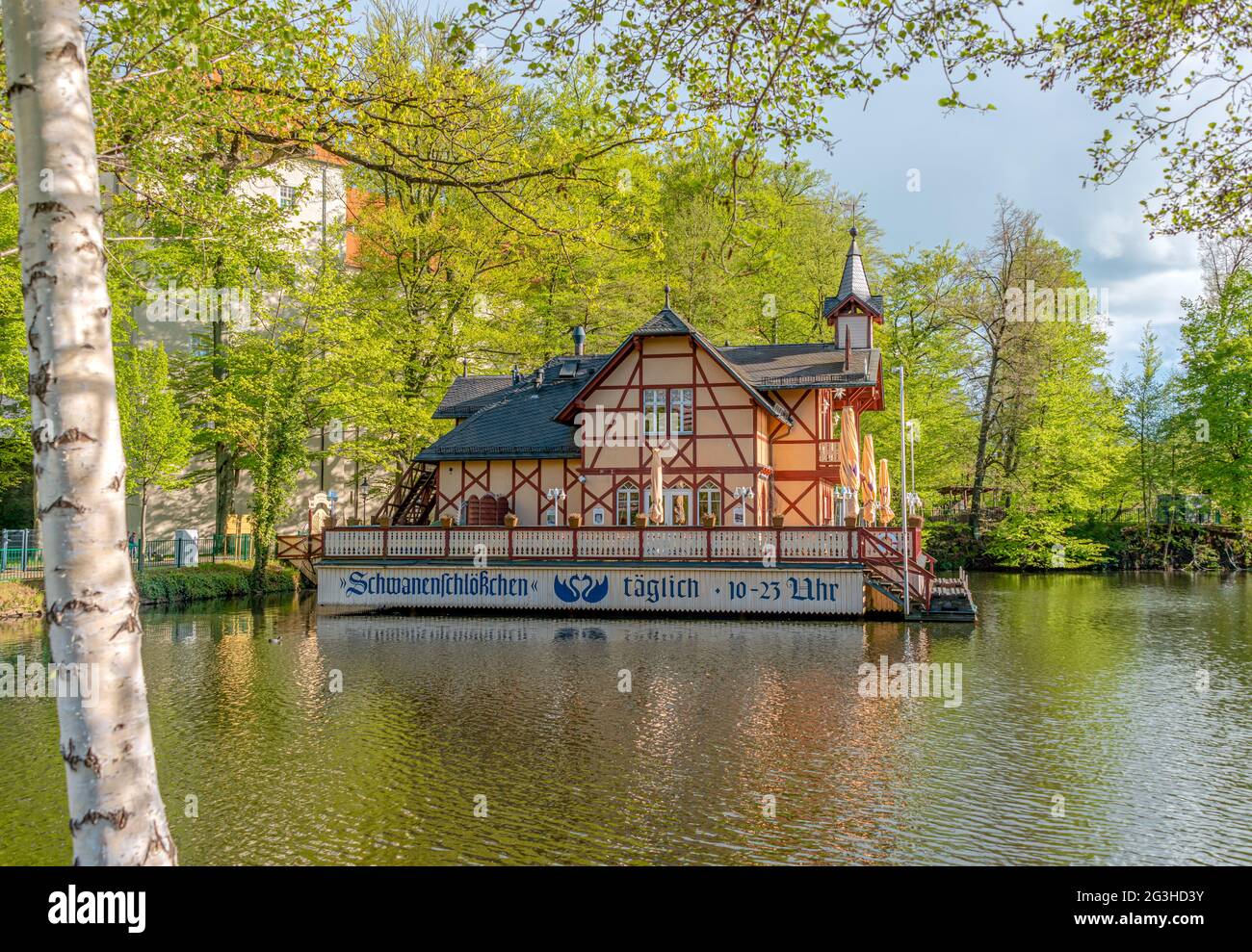 Castello di Swan al Kreuzteich nel Parco Albert di Freiberg, Sassonia, Germania Foto Stock