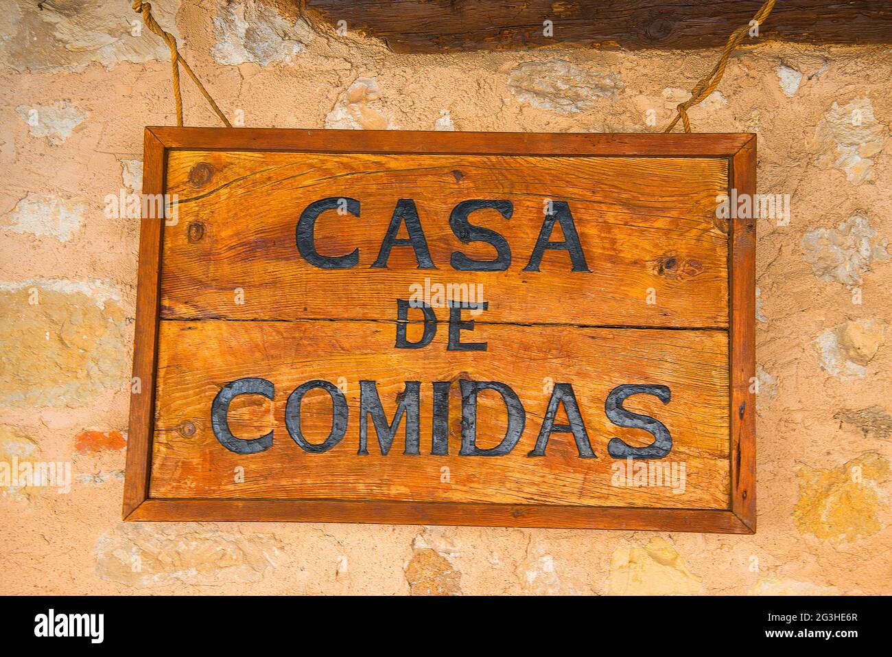 Casa de Comidas. Plaza Mayor, Pedraza, provincia di Segovia, Castilla Leon, Spagna. Foto Stock