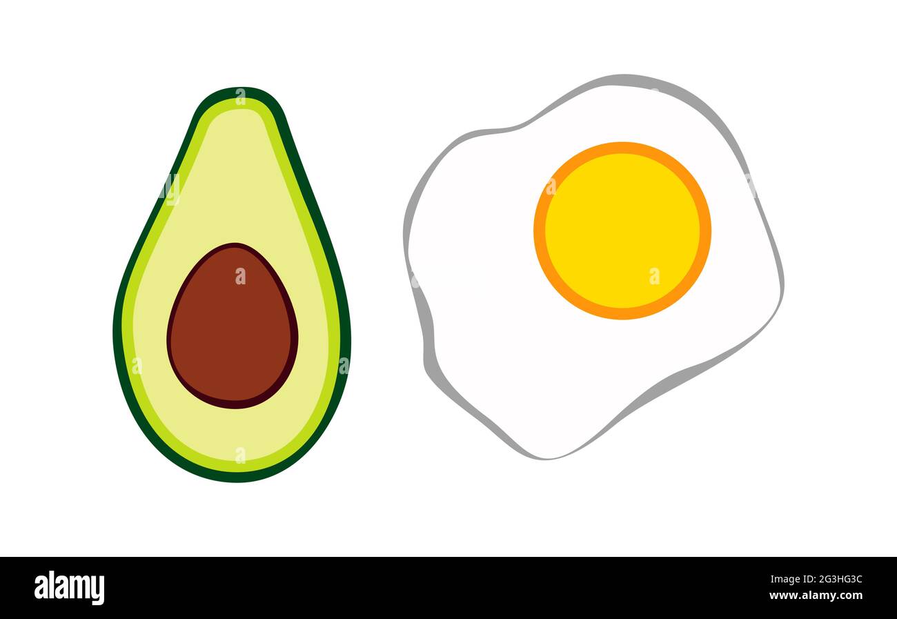Illustrazione vettoriale minimalistica con mezzo avocado e uova. Alimentazione adeguata, cibo, colazione sana, frutta e verdura biologiche e fresche. VECTO Illustrazione Vettoriale
