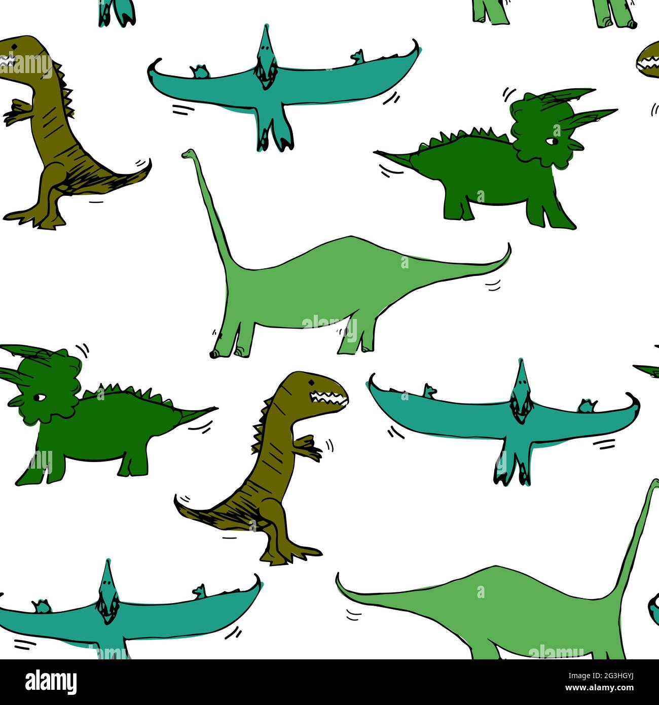 Pattern vettoriale senza giunture con pterodattile, tirannosauro, triceratops, diplodocus. Illustrazione con dinosauri su sfondo bianco per tessuti, parete Illustrazione Vettoriale