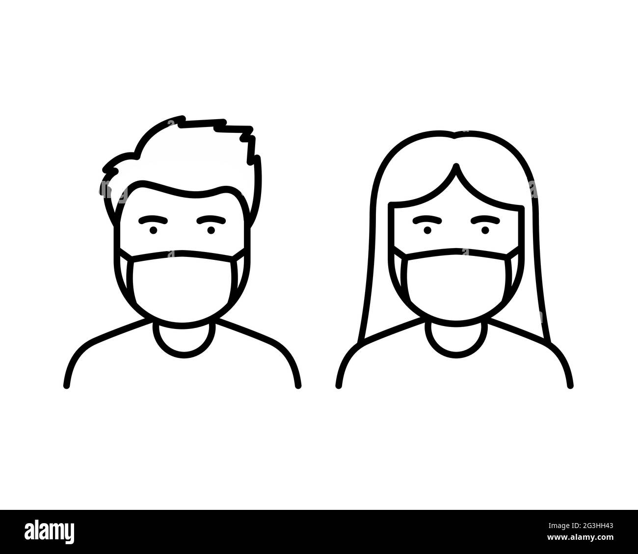 Un uomo e una donna indossano una maschera per evitare il vettore icona Covid-19 Illustrazione Vettoriale