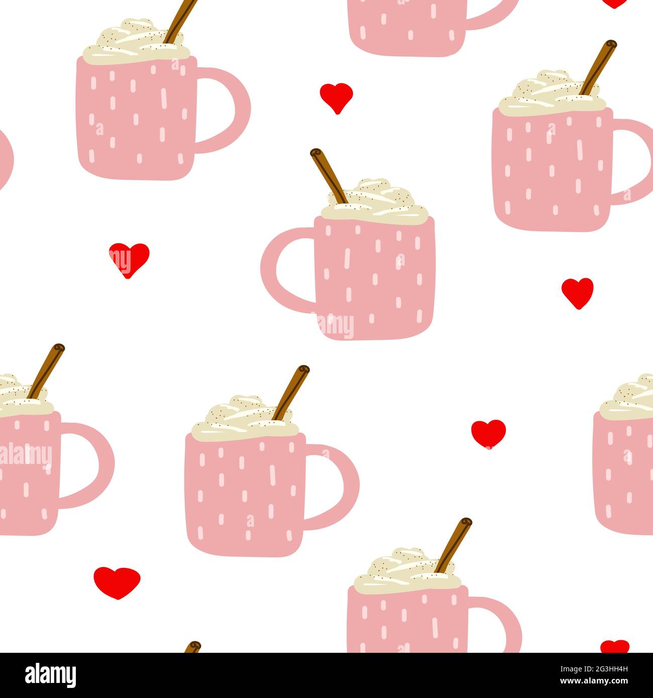 Pattern vettoriale scandinavo con carente senza giunture. Una tazza rosa con ornamento e bevande calde, crema, cannella. Eggnog, caffè, cacao, su sfondo bianco con Illustrazione Vettoriale