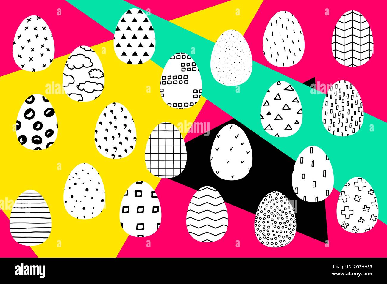 Illustrazione di Pasqua. Banner vettoriale a colori con inserti a contrasto. Set di uova pasquali bianche e nere con ornamento scandinavo. Avant festivo Illustrazione Vettoriale