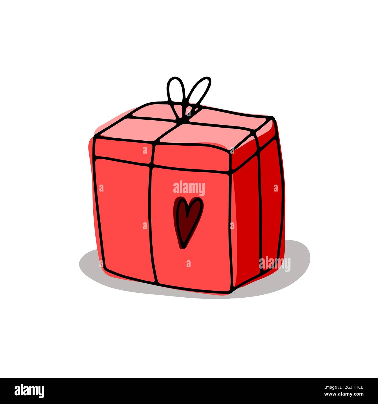 Adesivo regalo carino doodle. Rosa disegnato a mano presente isolato su sfondo bianco. Sorpresa a cuore che avvolge la carta con arco. Vacanze, San Valentino, C Illustrazione Vettoriale