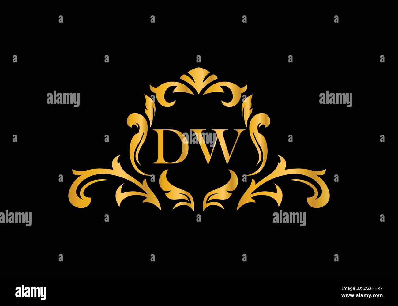 Lettere in alfabeto di lusso DW. Alfabeto floreale dorato . Le iniziali del monogramma perfettamente per gli inviti di nozze, il biglietto di auguri, il logo ed altro disegno. Illustrazione Vettoriale