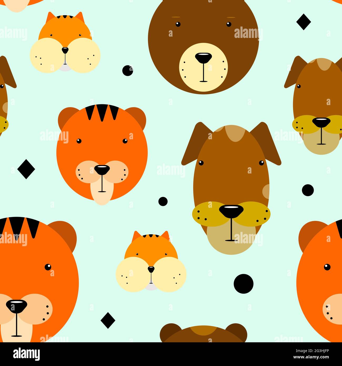 Motivo vettoriale divertente senza cuciture su sfondo blu in stile cartoon con elementi geometrici. Animali Kawaii orso, cane, tigre, criceto. Carino animali da compagnia volti Illustrazione Vettoriale
