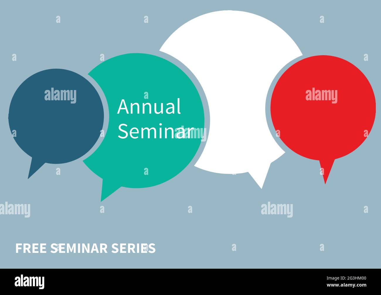 Composizione del testo annuale del seminario con bolle di parole vuote in blu, verde, rosso e bianco, in grigio Foto Stock