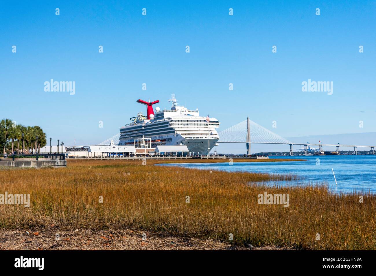 Vista dalla palude di sale prima della pandemia del coronavirus gobale, una nave da crociera attracca a Charleston, Carolina del Sud, una popolare destinazione di viaggio lento. Foto Stock